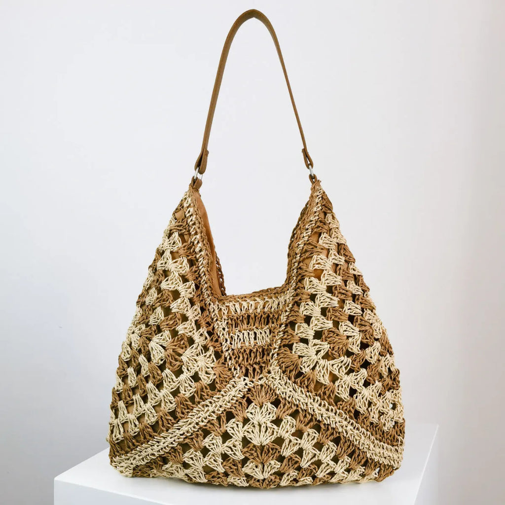 Handmade straw woven hollow contrast colour weave women's shoulder bag with polyester lining in khaki beige