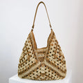 Handmade straw woven hollow contrast colour weave women's shoulder bag with polyester lining in khaki beige
