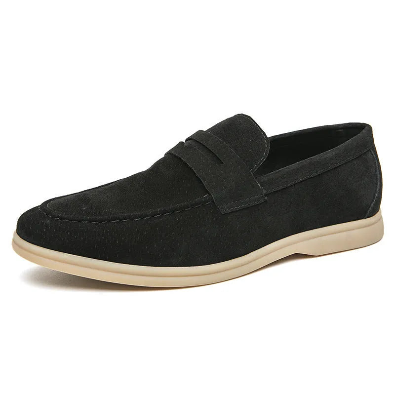 Men's beige slip-on leather casual shoes with a round toe and mid-height rubber sole.