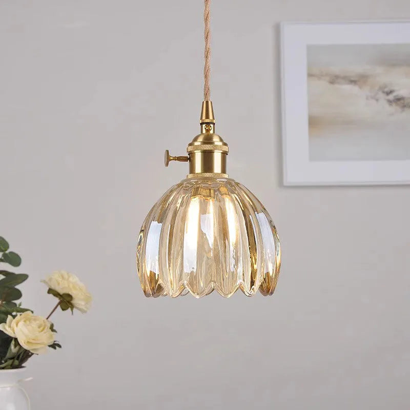 Nordic vintage style glass flower chandelier for bedside in amber, white, green, grey, or transparent.