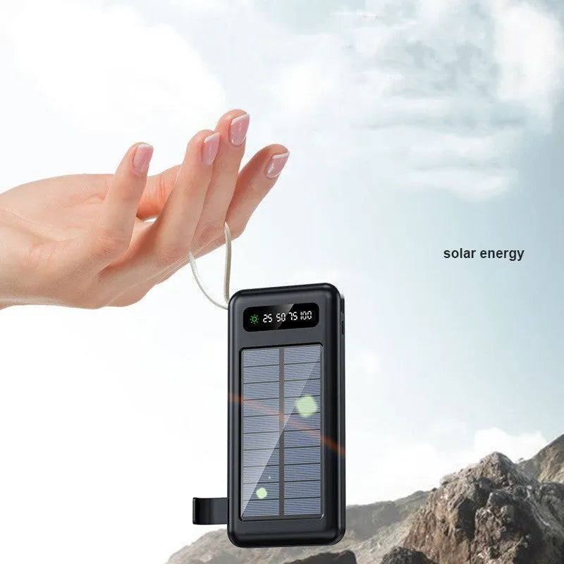 Solar Super Capacity Power Bank in black or white, showing compact size and integrated solar panel on front.
