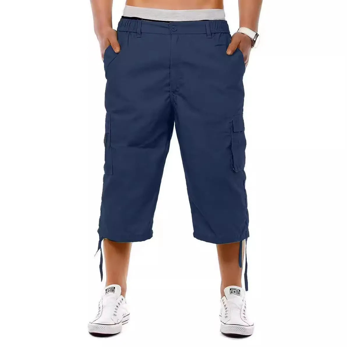 Men's multi-pocket workwear shorts in cool silk floss fabric, loose fit, fifth-length, available in black, army green, khaki, navy blue