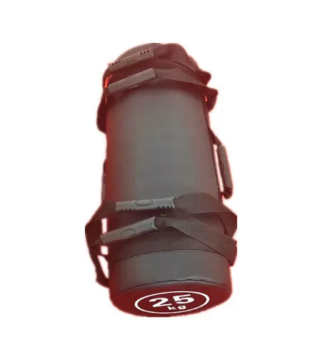 White PVC fitness sandbag for weight training, shown with weight options from 5 to 30 kilograms.