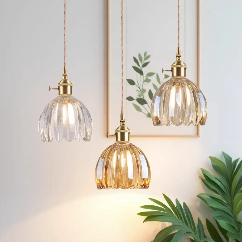 Nordic vintage style glass flower chandelier for bedside in amber, white, green, grey, or transparent.