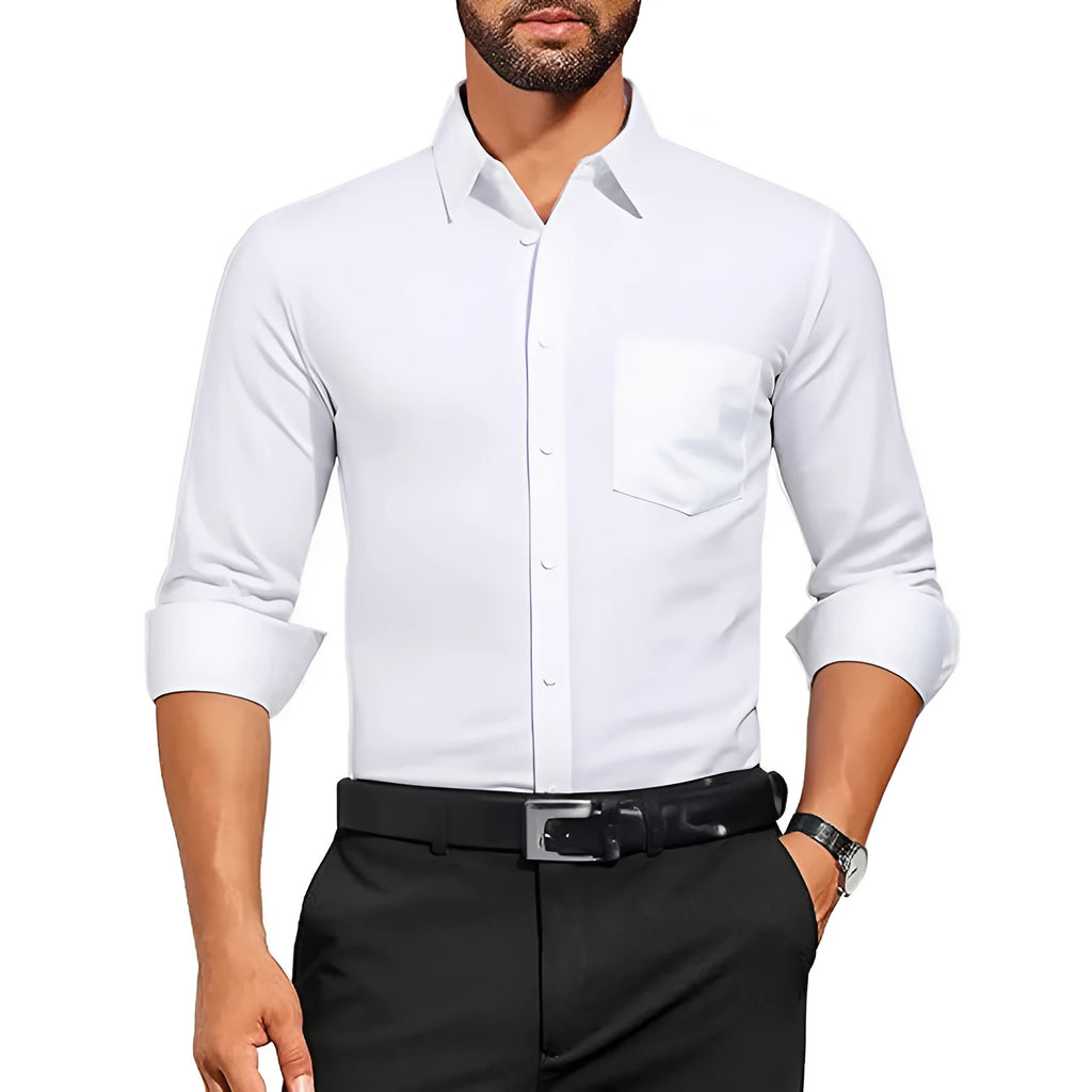 Men's breathable stretch wrinkle-resistant solid colour long sleeve polyester shirt in pearl white