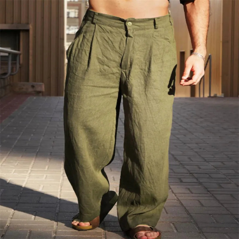 Men's linen cotton mid-waist pleated wide-leg trousers in khaki, front view