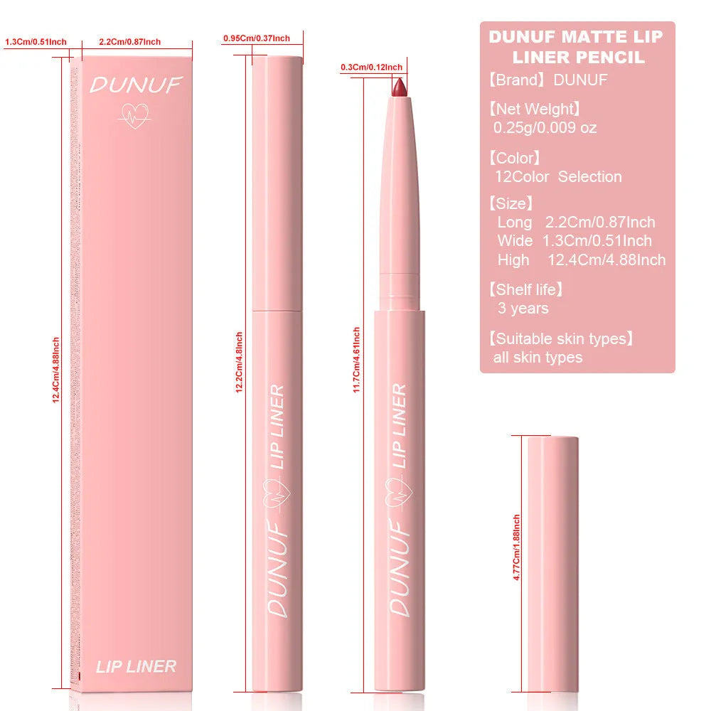 A set of 12 velvet matte lip liner pencils in different colours for lip contouring.