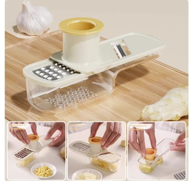 Stainless steel three-in-one ginger garlic grinder and potato slicer in beige colour