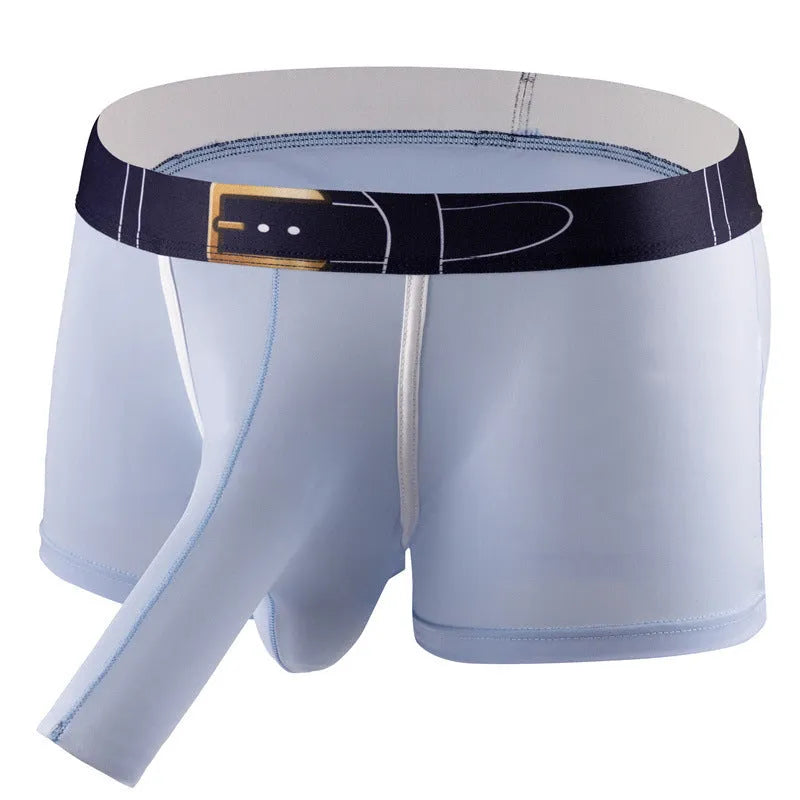 Men's solid colour ice silk boxer shorts on a grey background, showing the mid waist design and lightweight fabric texture.