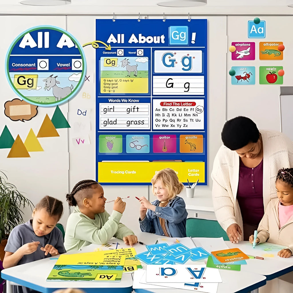 Creative Letters Learning Sleeve Table Chart with dry-erase marker, letter cards, and picture cards on a 60cm x 40cm wipe-clean surface.