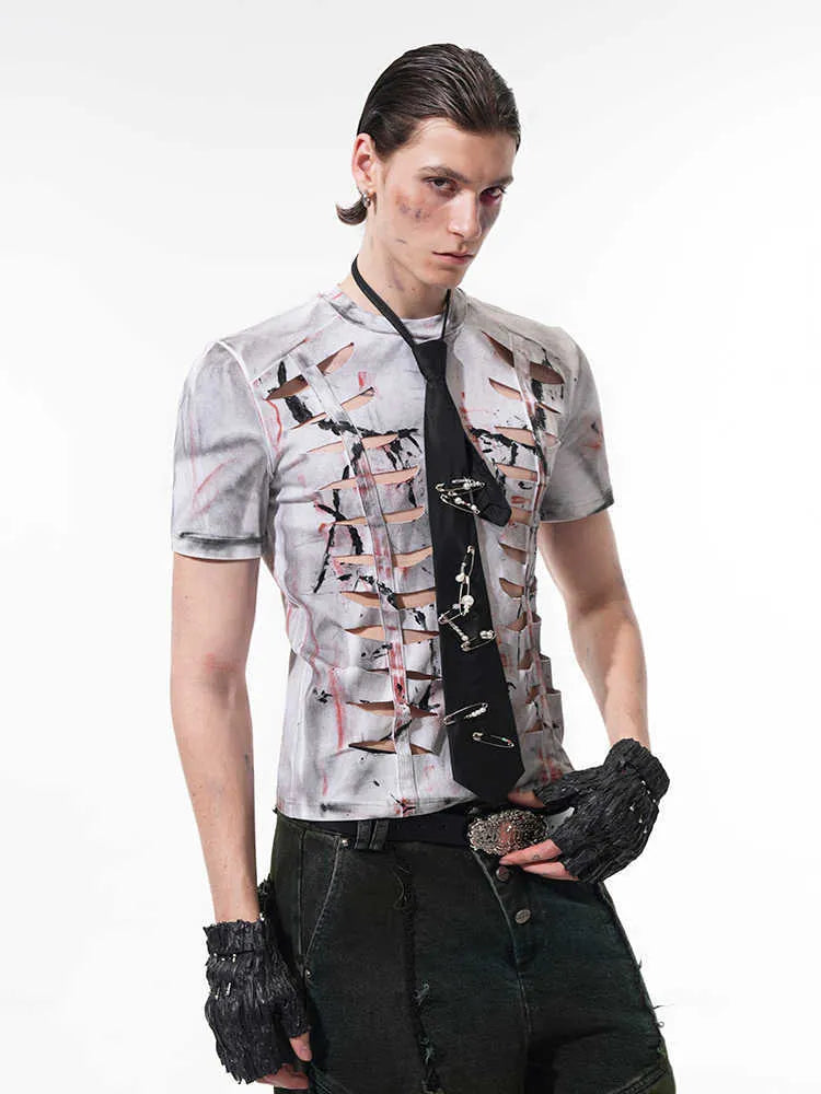 Men's white cotton t-shirt with hollow-out cut design detail on front