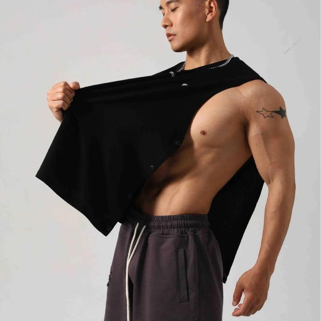 Korean style men's loose cotton fitness vest with hidden hook closures on both sides