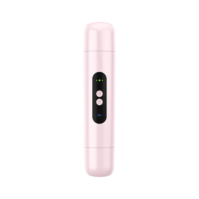 Pink and white portable electric body hair trimmer with USB cable on a white background