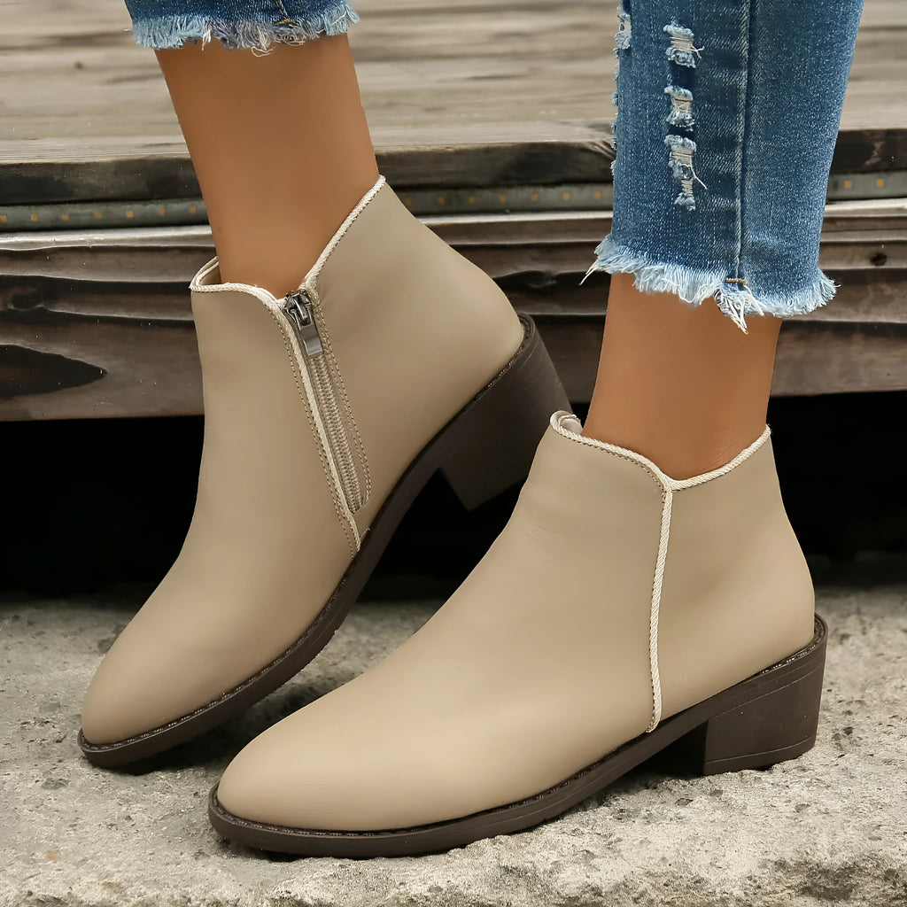 Women's suede ankle boots with side zipper and chunky low heel, in off-white, black, or khaki