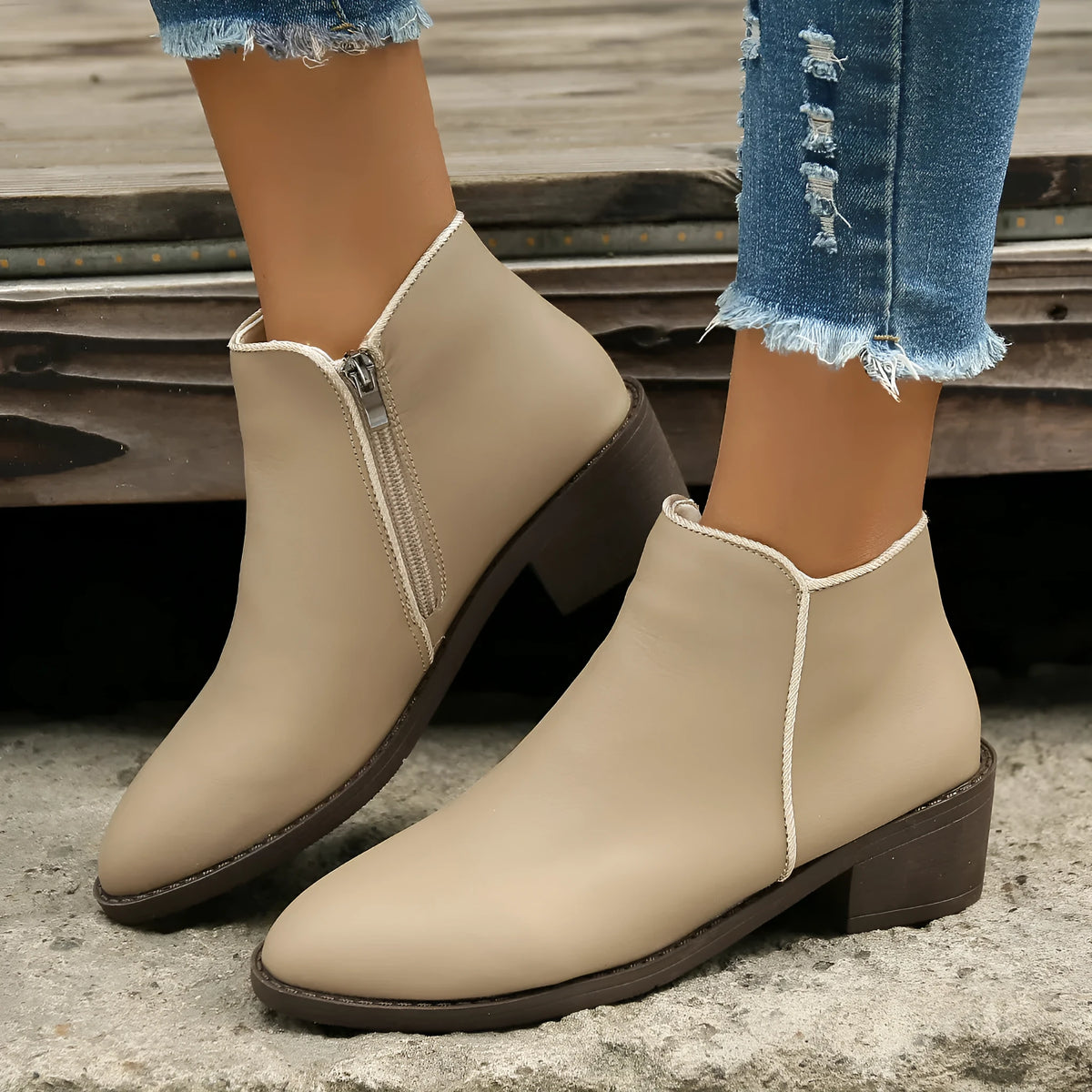 Women's suede ankle boots with side zipper and chunky low heel, in off-white, black, or khaki