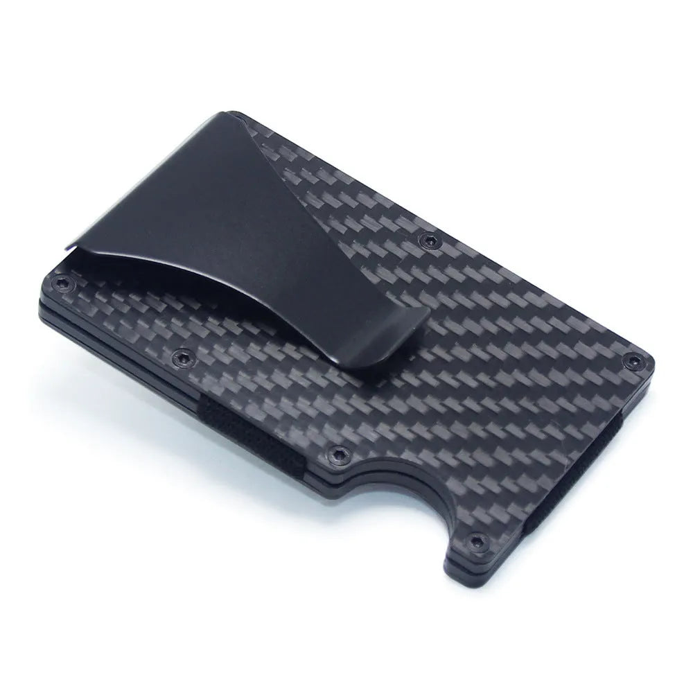 Geometric aluminium and carbon fibre card holder in multiple colours on a table, showing slim 8mm profile.