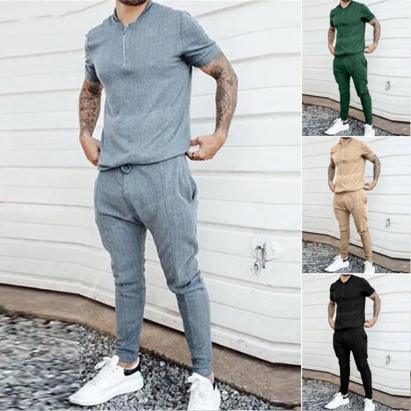 Men's sports leisure suit set short sleeve top and shorts polyester fibre black blue gold green sizes S to XXXL