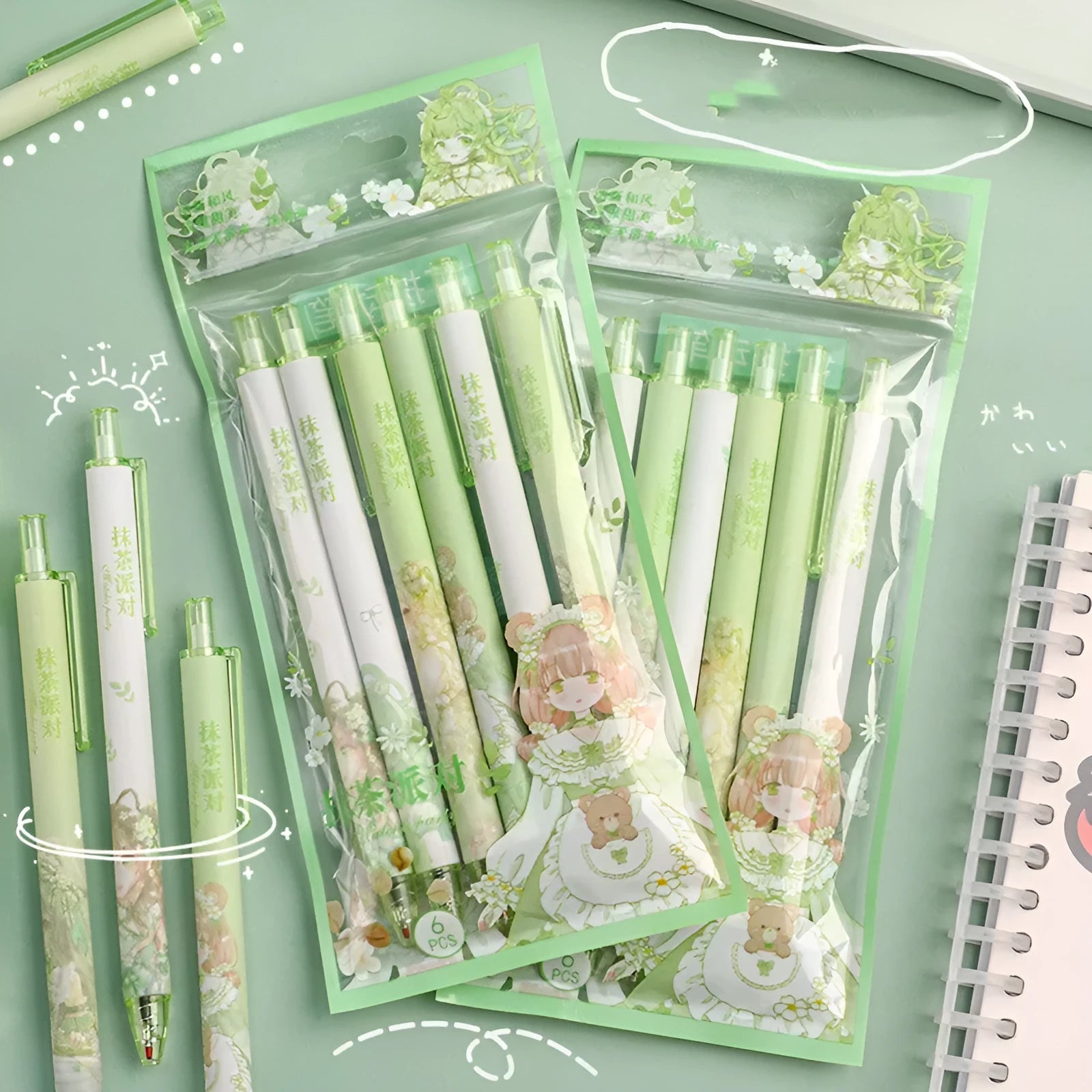 Press-type neutral pen with 0.5mm fine tip in matcha party colour, plastic case, stainless steel nib