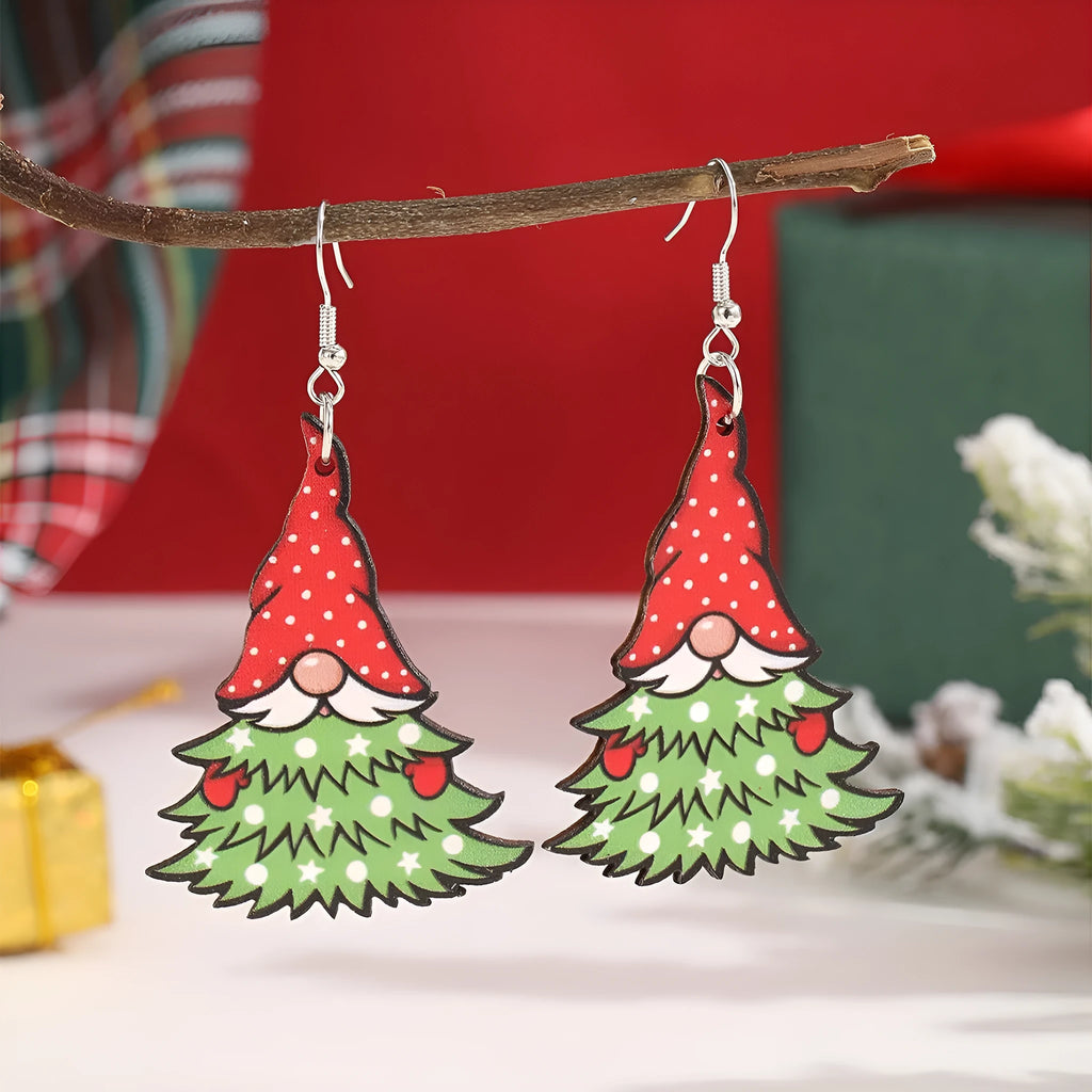 Women's wooden Christmas earrings with printed tree and snowman designs and Santa motifs.