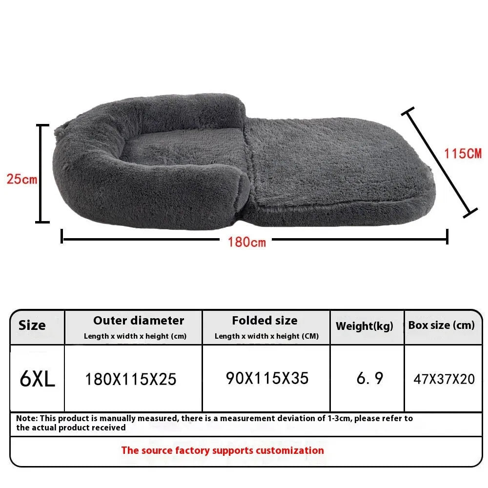 Human pet sofa dog bed in cloth, 180x115x25cm, long hair light grey or dark grey, removable and washable.