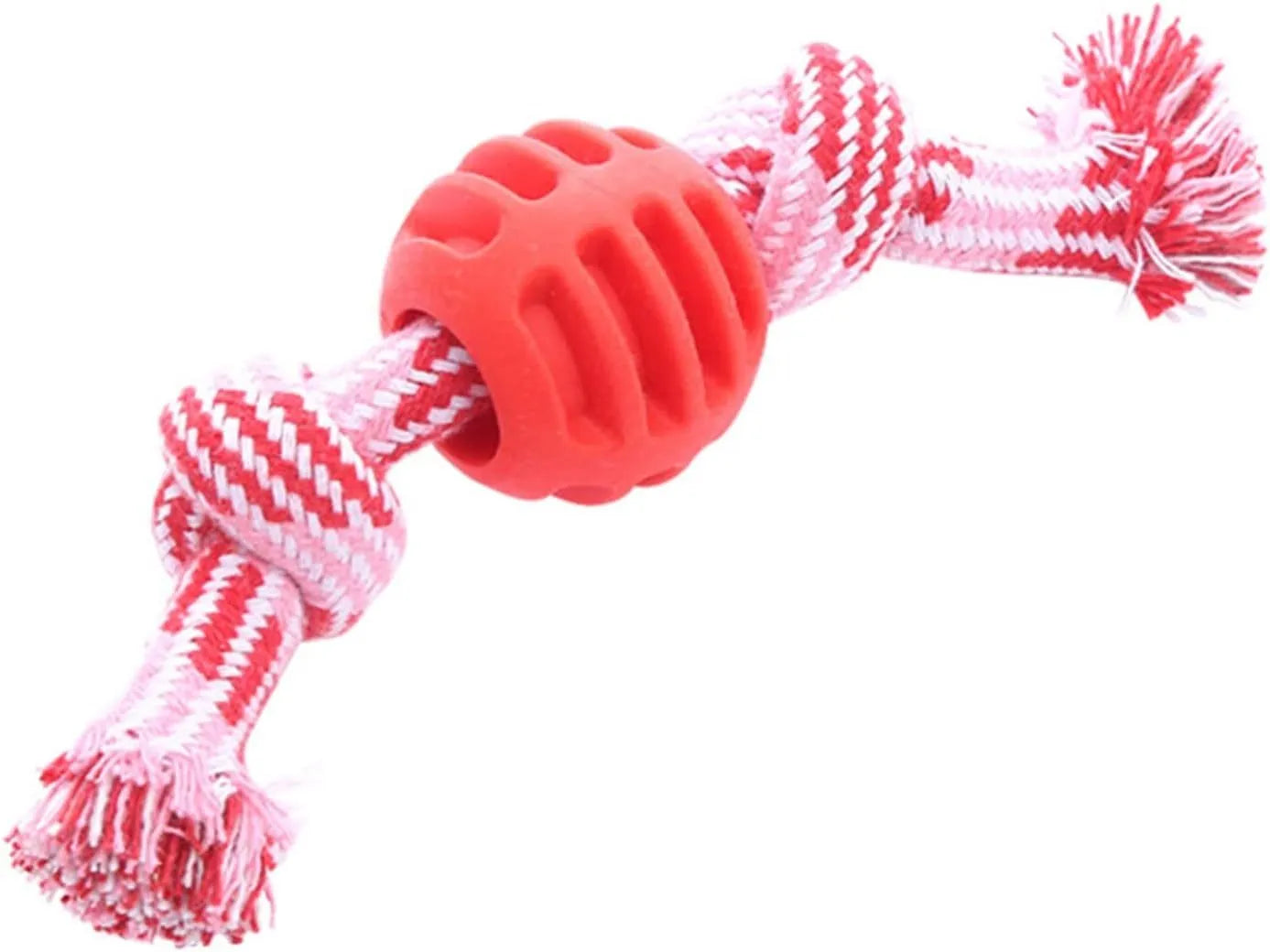 Blue molar-shaped nylon dog chew toy with green rope arms on a white background