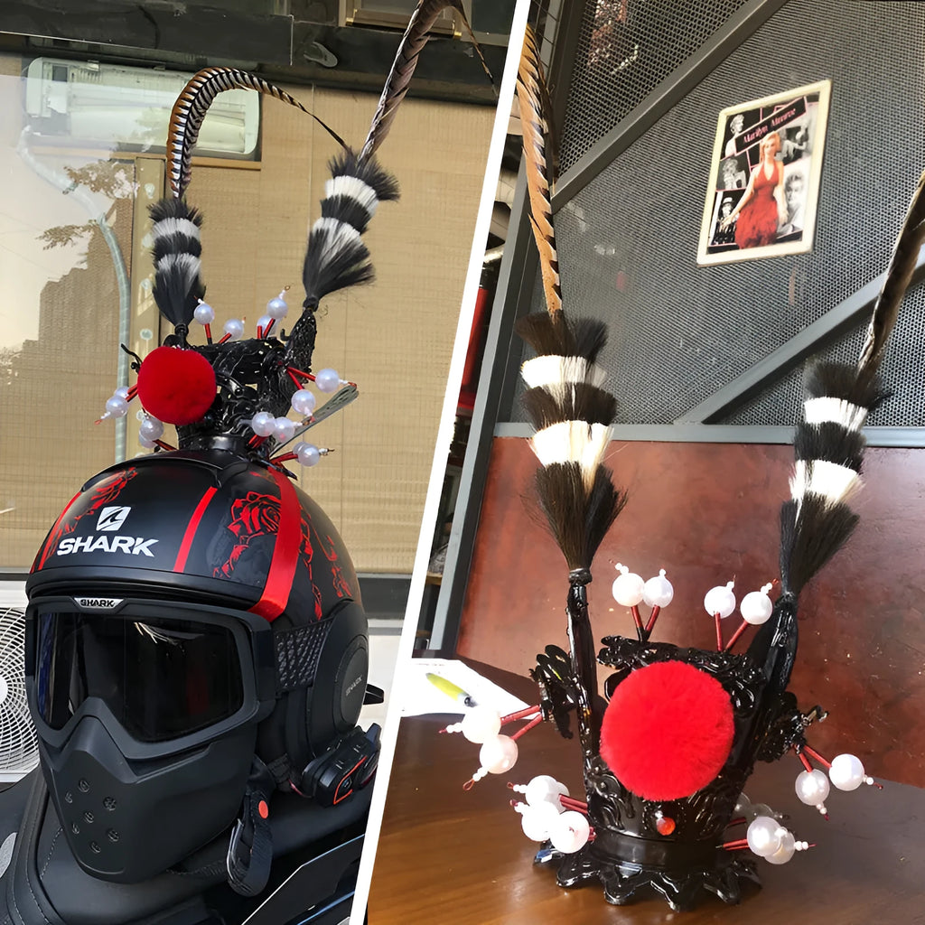 Zijin black and gold crown helmet decoration with long synthetic feather plume options for motorcycle customisation.