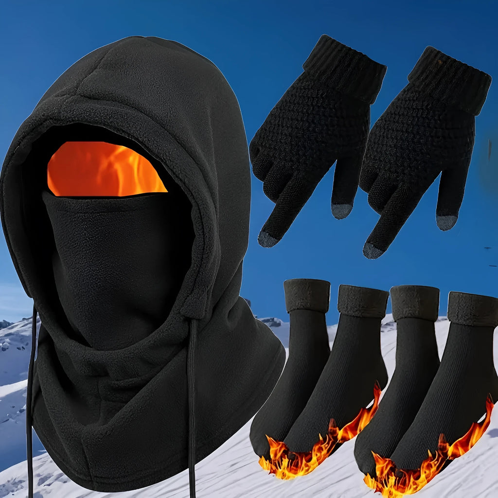 Black polyester winter hat gloves socks set including tapered hat and two pairs of socks