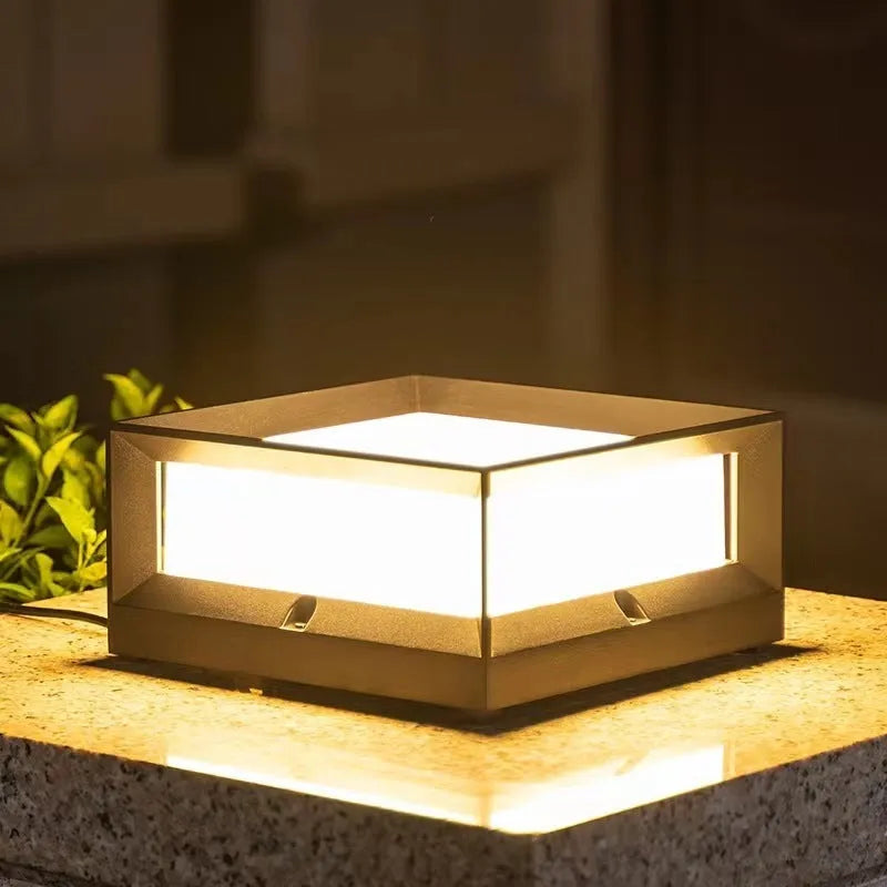 Solar-powered aluminium outdoor column light mounted on a wall, showing two size options for garden pathways.