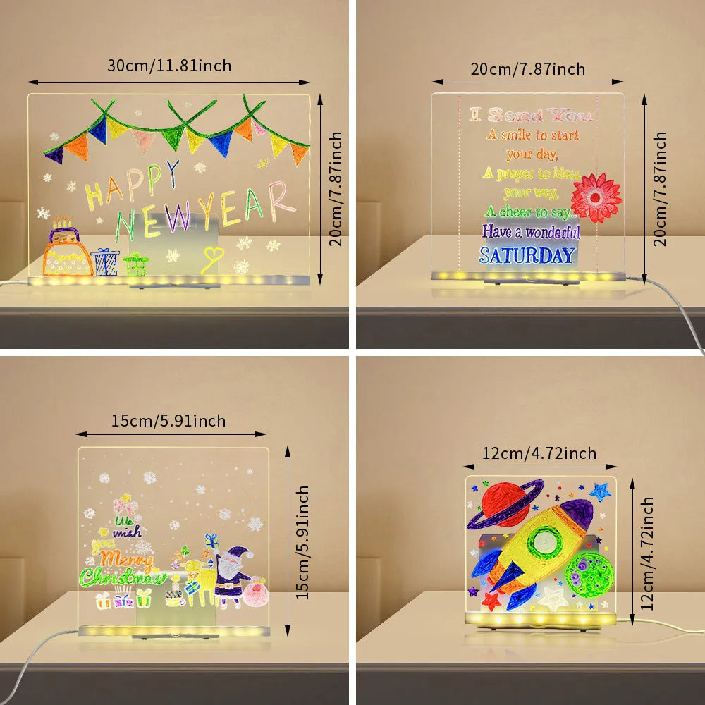 Reusable LED drawing board with transparent acrylic surface, adjustable stand, USB light, and pen in four sizes
