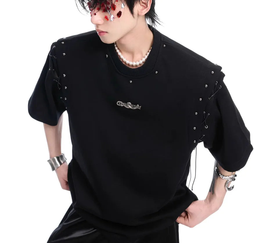 Women's black lace-up cutout short sleeve t-shirt with deconstruction styling detail