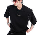Women's black lace-up cutout short sleeve t-shirt with deconstruction styling detail