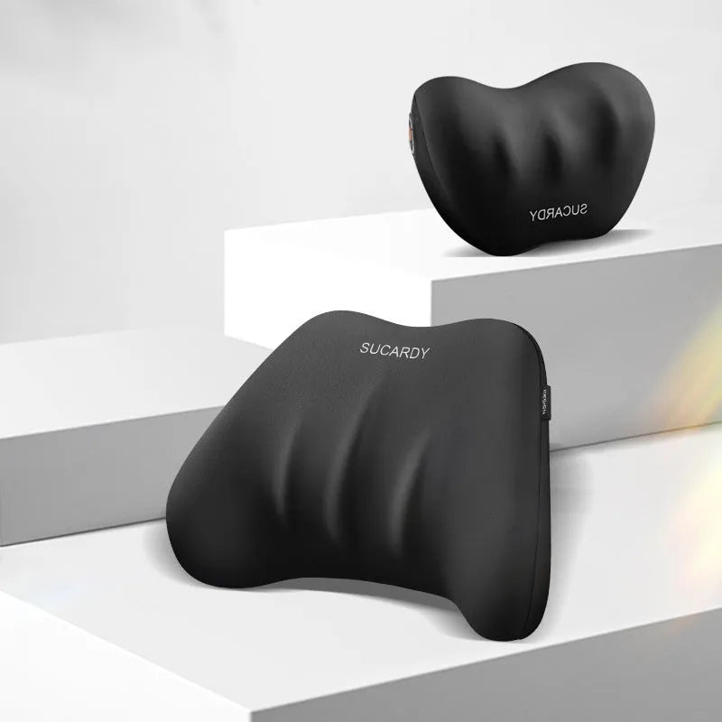 Memory foam lumbar support pillow and headrest car cushion in black colour on a car seat