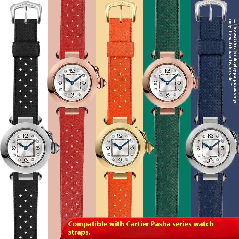 Silicone watch strap with notch and female port in black or blue, sizes 20.10mm, 20.12mm, 22.15mm