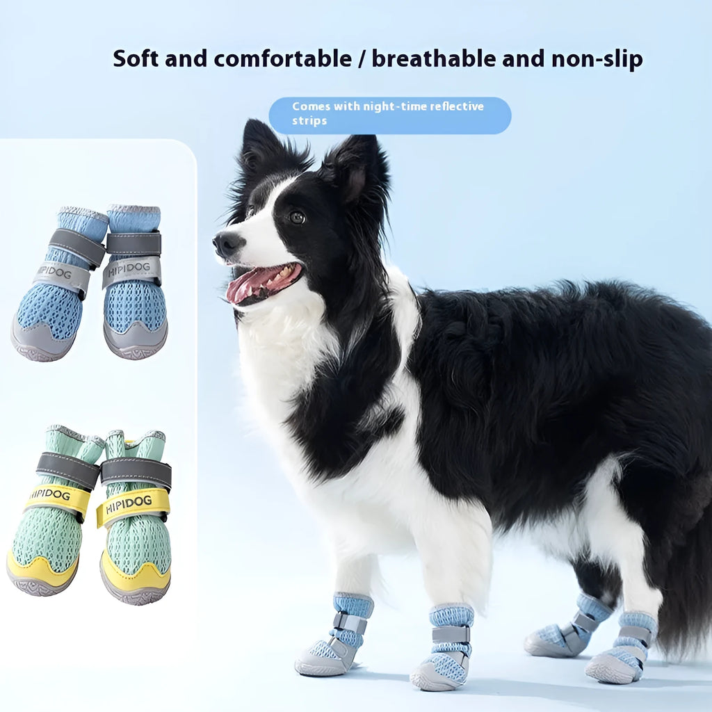 Pair of light blue cartoon-style dog shoes with adjustable strap, shown on a dog's paw.