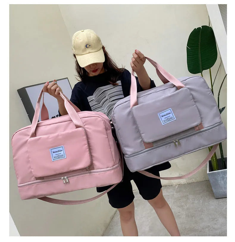 Foldable Oxford cloth travel duffel bag for women with zipper pockets and dry wet separation in purple