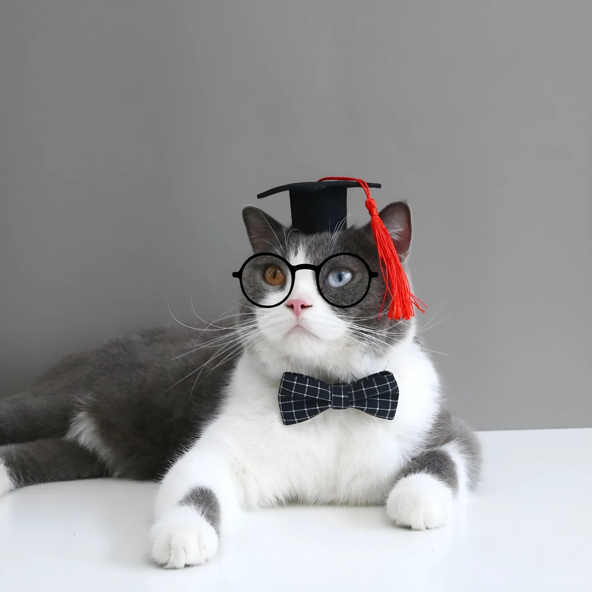 A British-style elastic hair band and matching felt bow tie for a small dog or cat, shown in a selection of colours.