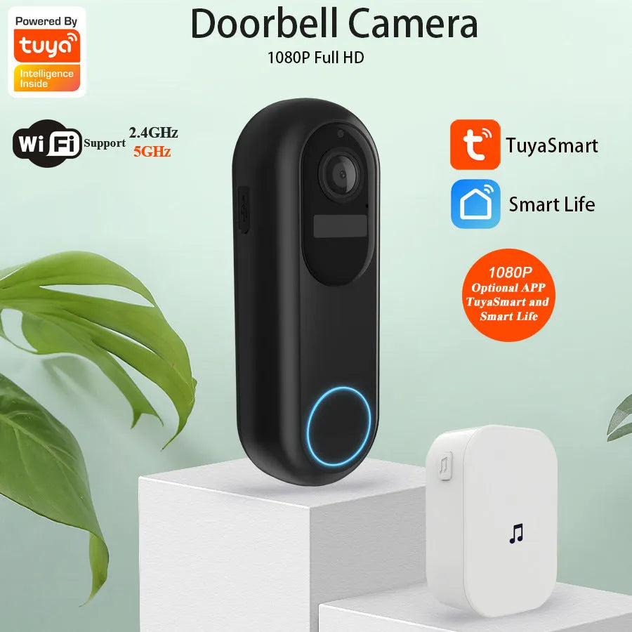Smart visual doorbell intercom with 1080P camera and detachable 5000mAh battery, black or white options.