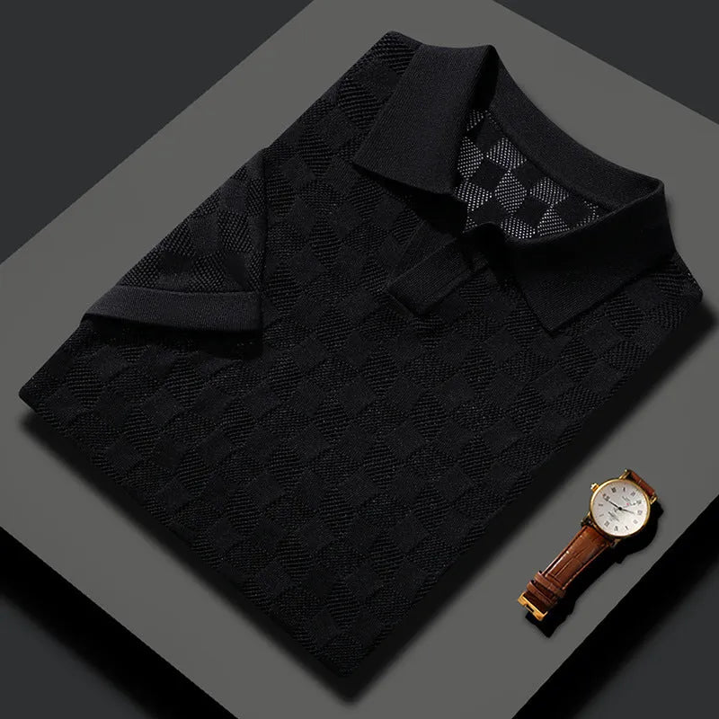 Men's mulberry silk short sleeve business casual sweater with lapel collar in solid colours