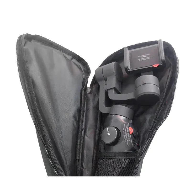 Black cloth padded storage bag for a mobile phone gimbal, shown with an open zip revealing a soft interior and mesh pocket.