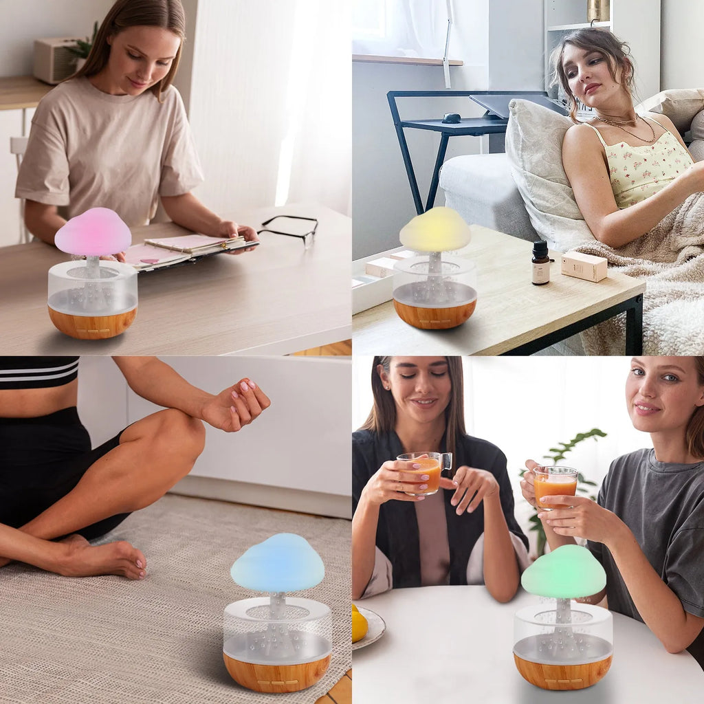 White USB-powered humidifier and essential oil diffuser with colour-changing night light on a table.
