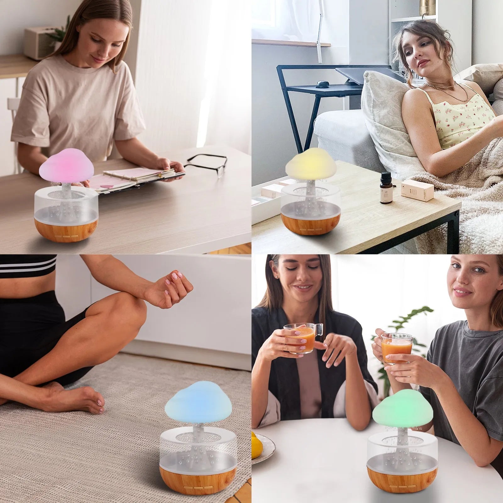 White USB-powered humidifier and essential oil diffuser with colour-changing night light on a table.