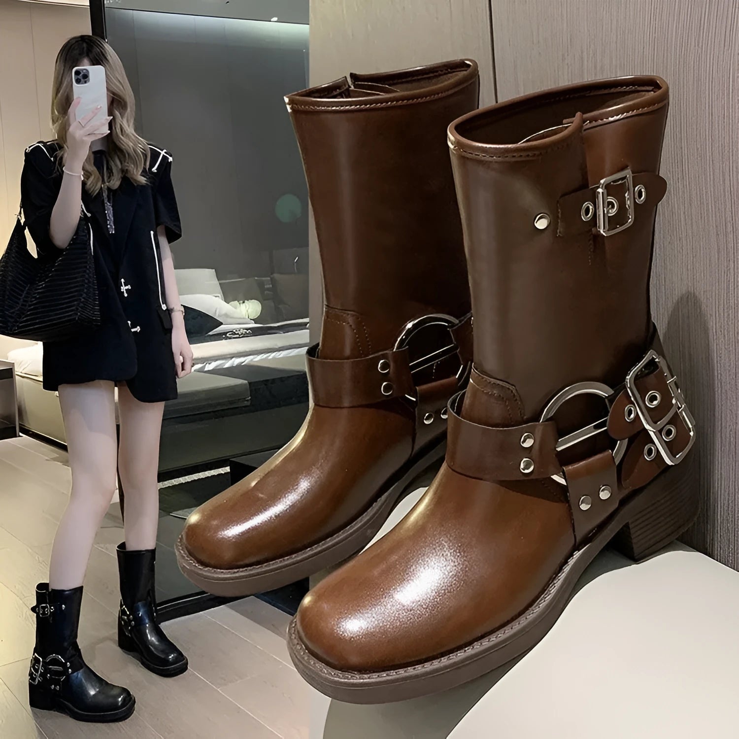 Women's black platform fashion boots with buckle straps and middle calf length