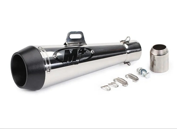 M4 universal motorcycle exhaust pipe in stainless steel with various finish options including black, titanium, and half blue.
