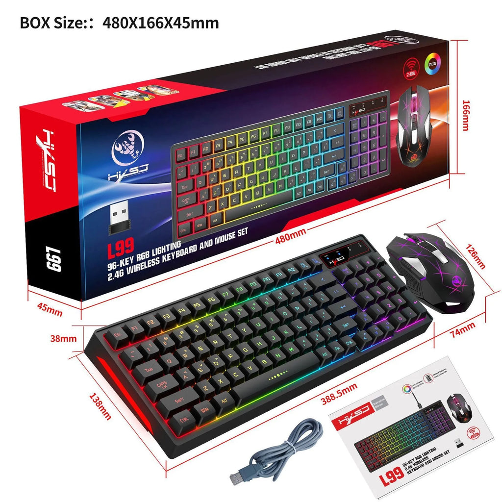 L99 2.4G wireless keyboard and mouse set with 96-key RGB membrane keyboard and 7-key Type-C rechargeable mouse