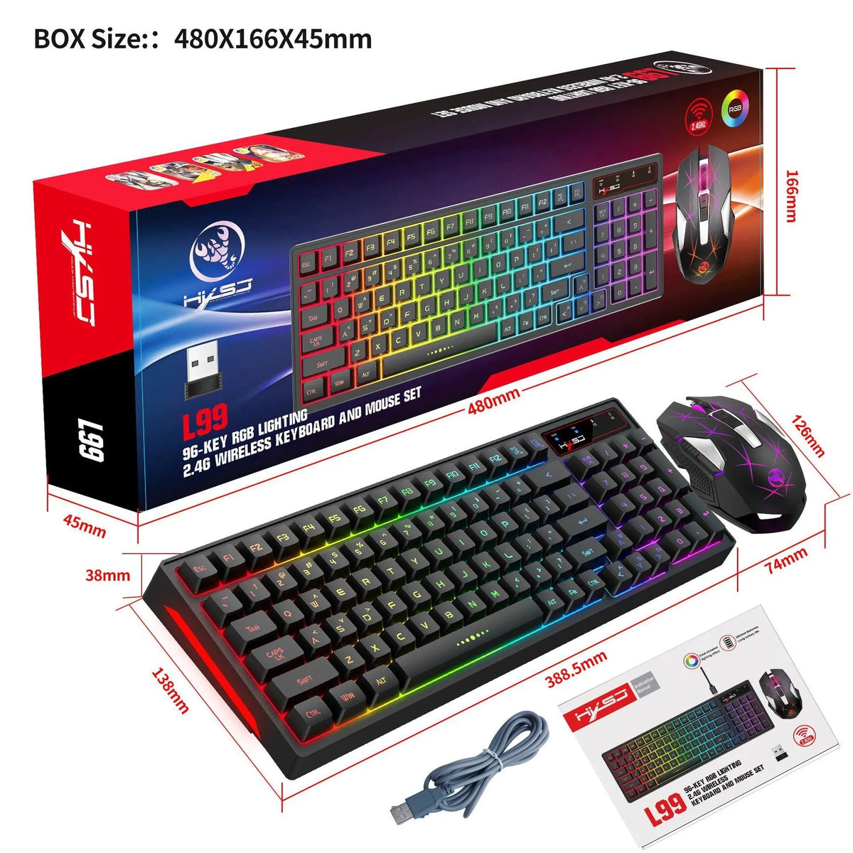 L99 2.4G wireless keyboard and mouse set with 96-key RGB membrane keyboard and 7-key Type-C rechargeable mouse