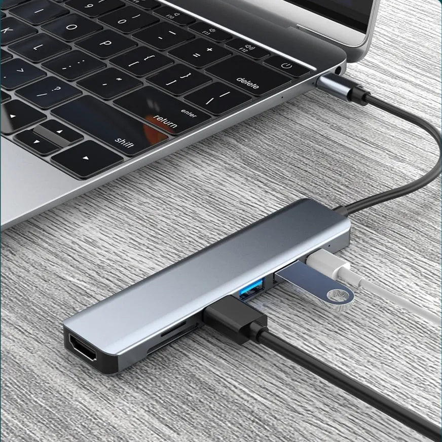 USB type-c expander docking station with seven ports including HDMI and USB 3.0 on 14.5cm cable