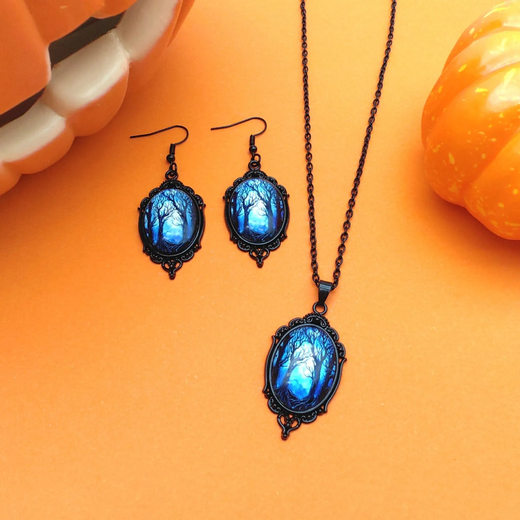 3pcs vintage Halloween tree of life and witch necklace set with earrings, alloy pendant jewellery, two colour styles