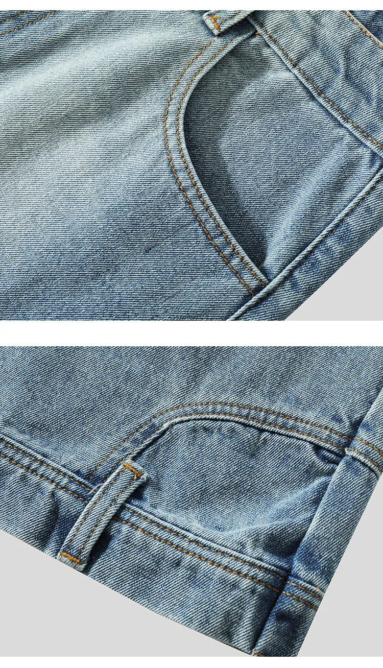 Men's blue loose straight Bermuda denim shorts with mid waist, cotton main fabric, sizes M to 5XL