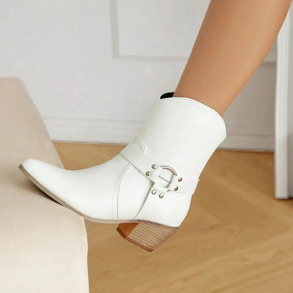 Belt buckle chunky heel martin booties in black artificial PU with low tube design