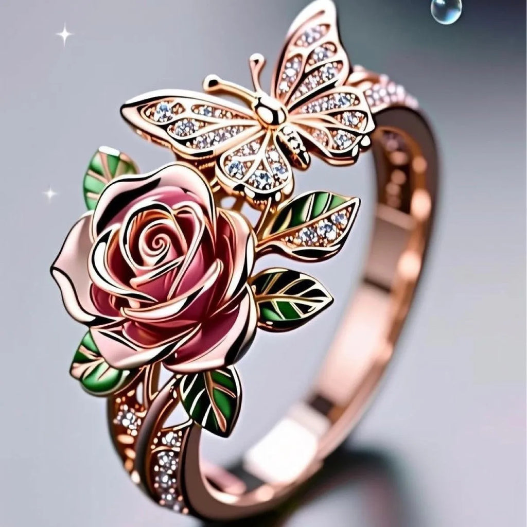 Colourful oil droplet finish butterfly personality ring with adjustable alloy band and floral insect motifs
